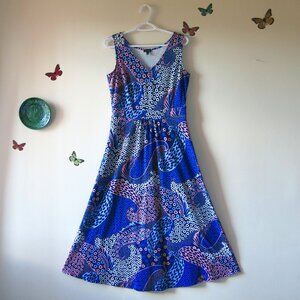 Talbots Cotton Blend Paisley Blue Pink White Floral Sleeveless Chic Dress Sz MP